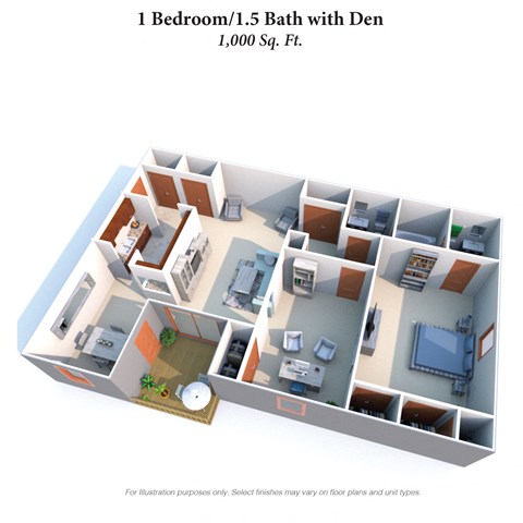 Floor plan for 1 bed, 1.5 baths, 1000 sqft